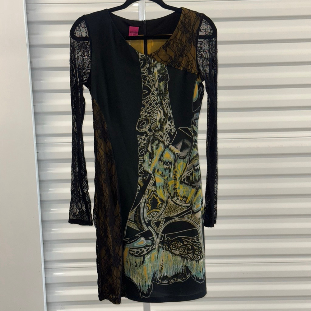 Women's Save The Queen! Black Yellow Abstract Lace Long Sleeve Dress S